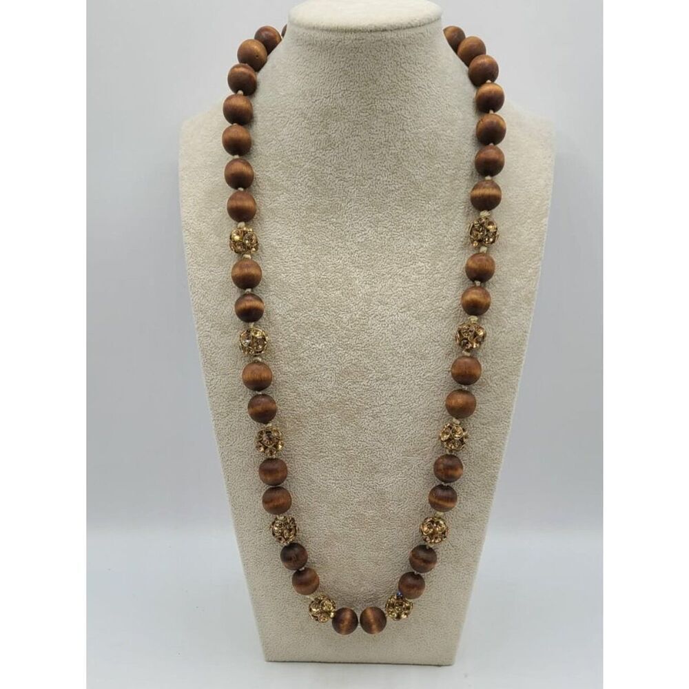 J Crew Wood Bead Gold Crystal Ball Long Necklace